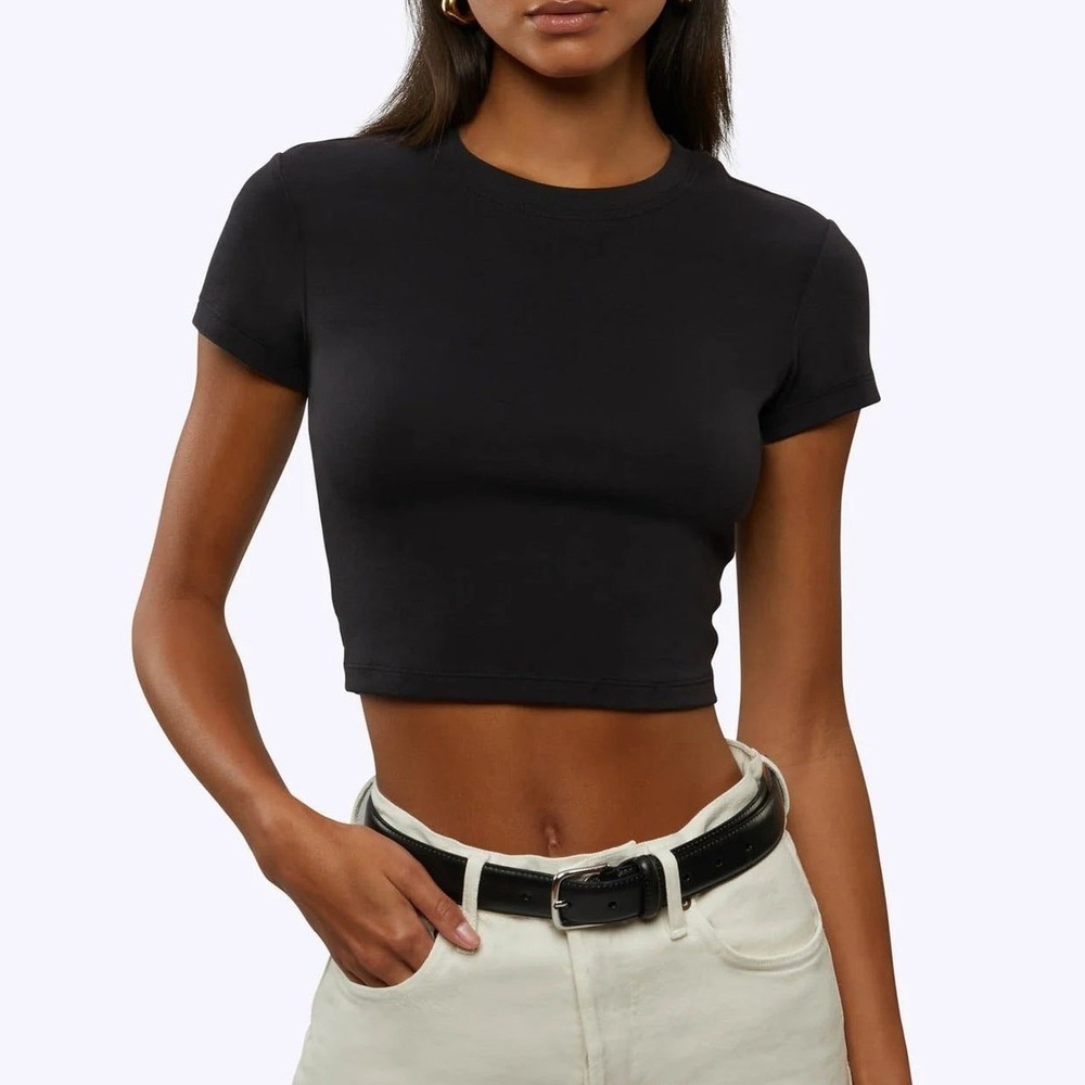Cuts Tomboy Cropped Tee Black Short Sleeve Crew Neck Fitted Cotton Blend Baby S